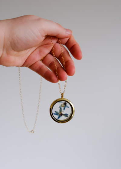 Alternative view of Gold Floating Flora Glass Pendant with Scilla Flowers