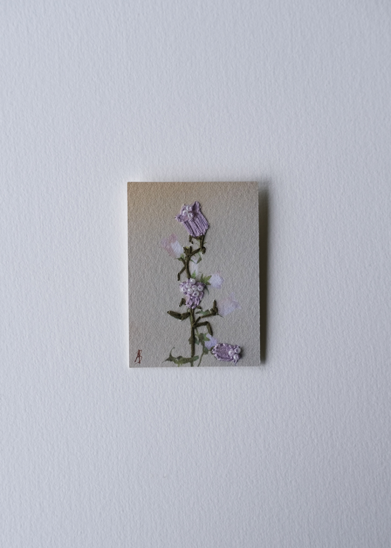 Bell Flower Miniature Embroidered floral photographs. Thread, beads and Paper. Flower art. Affordable art.